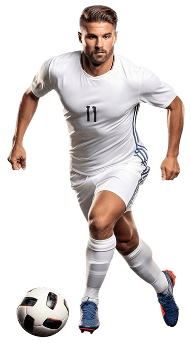 A soccer player in a white uniform with the number 11 is running with a soccer ball. He is wearing blue shoes and appears focused on the game.