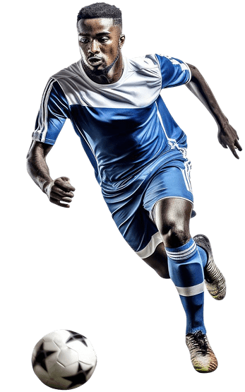 A soccer player in a blue and white uniform runs towards a soccer ball, focused on the game. The player is mid-motion, displaying athleticism and agility.