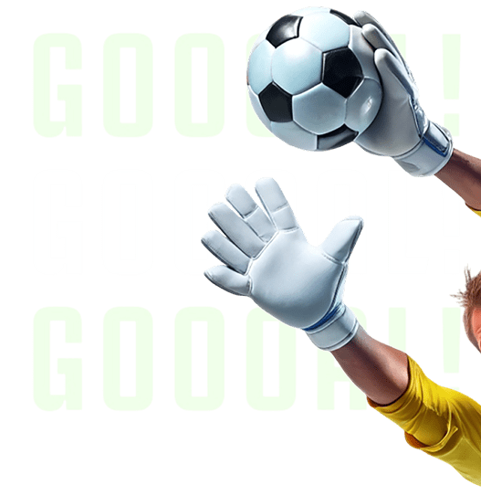 A soccer goalkeeper in a yellow jersey and gloves reaches high to catch a black and white soccer ball. The word GOOOAL! in green, bold, uppercase text is repeated three times in the background.